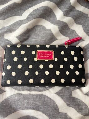 Betsey Johnson Black and White Polka Dot Zip Wallet with Hot Pink Accents